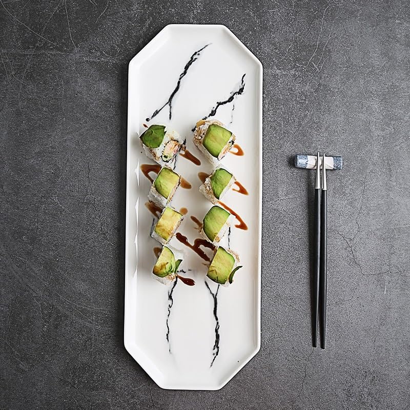 Piatti Cena Piatto da sushi rettangolare con motivo in marmo irregolare, piatto piano in ceramica, piatto for cibo occidentale, stoviglie for hotel e ristoranti Forniture Per Feste