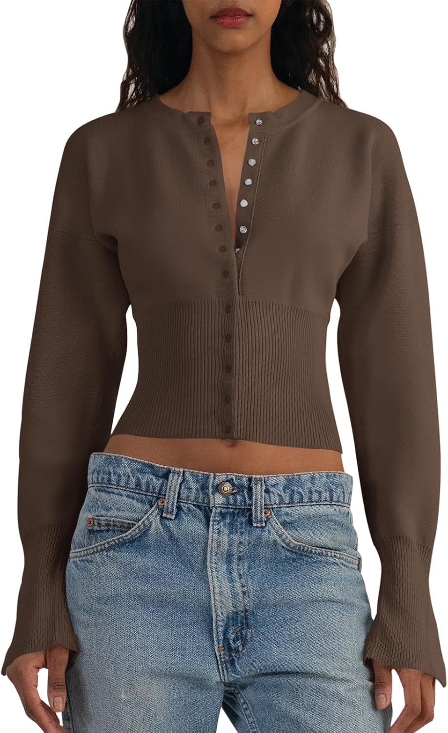 Saodimallsu Womens Cropped Sweaters Button Down Long Sleeve V Neck Ribbed Knit Slim Fit Pullover Crop Tops