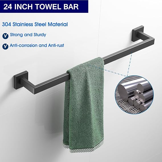 Bathroom Hardware Set 24-Inch Towel Bar,2pcs Towel Hook,Toilet Paper Holder,Hand Towel Holder Stainless Steel Brushed Black Bathroom Accessories GTS3190BG