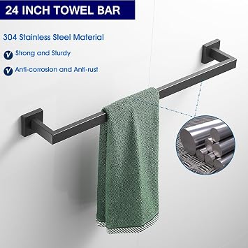 Bathroom Hardware Set 24-Inch Towel Bar,2pcs Towel Hook,Toilet Paper Holder,Hand Towel Holder Stainless Steel Brushed Black Bathroom Accessories GTS3190BG