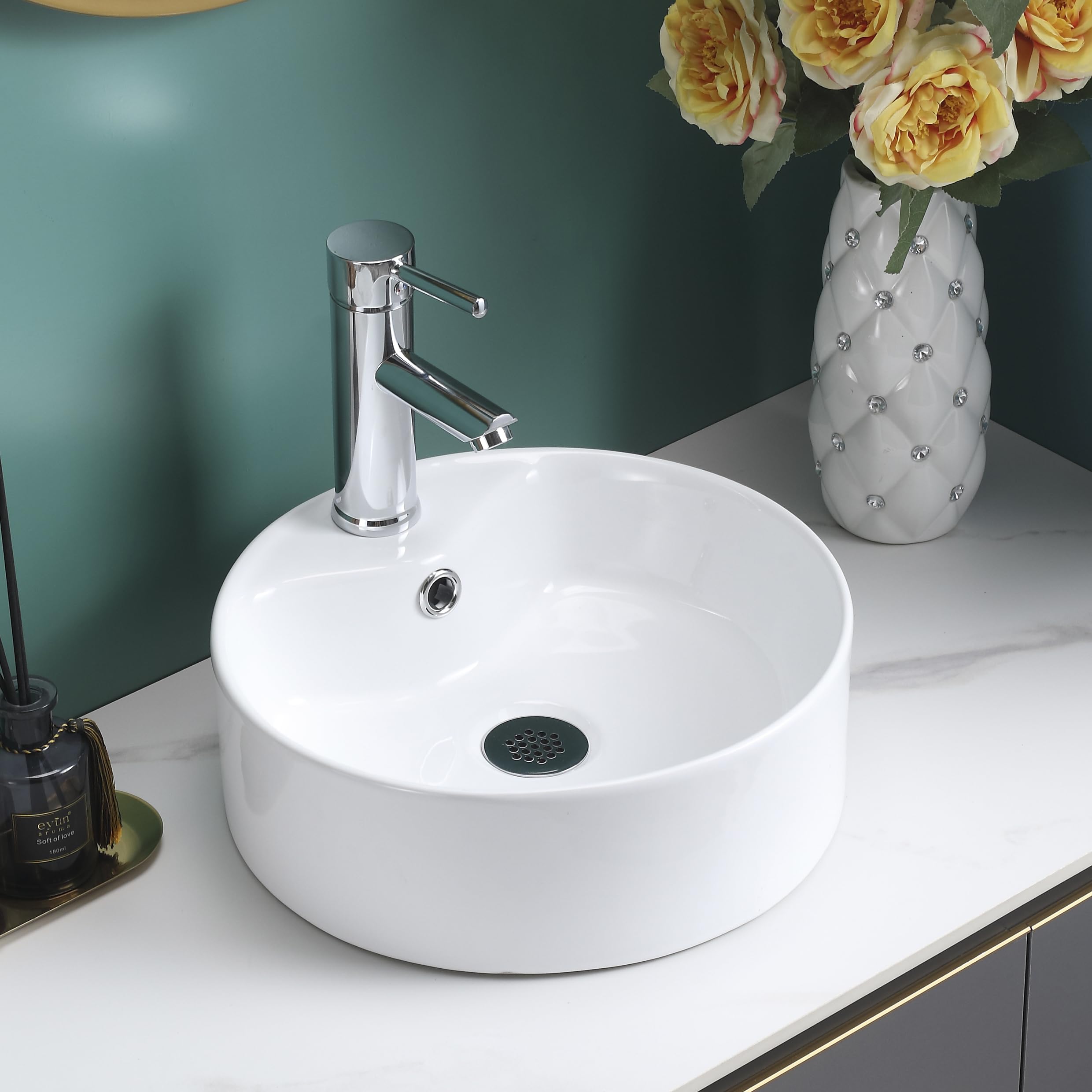 BELOFAY Counter Top Bathroom Sink Basin – Modern White Ceramic Wash Basin with Scratch-Resistant Gloss Surface – Sink basins for Cloakroom,Vanity Cabinet and Bathrooms (Round 2)