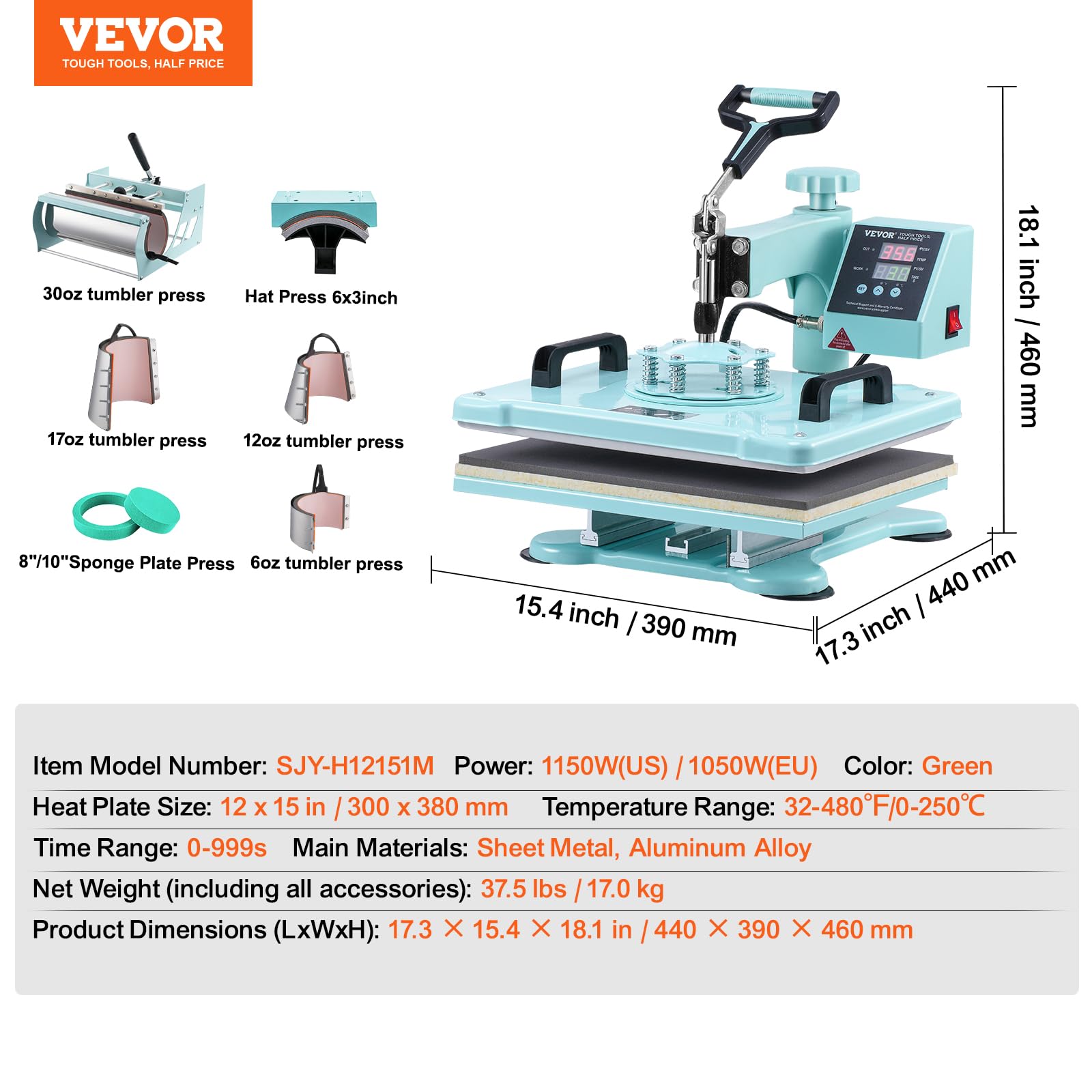VEVOR Hitzepresse, 30 x 38 cm, 8-in-1 Wärmeübertragungsmaschine mit 6-30 oz Tumblerpresse, 360° Schwenkbares T-Shirt-Pressen, Digitale Präzisionssteuerung, für T-Shirts/Tassen/Hüte, Grün