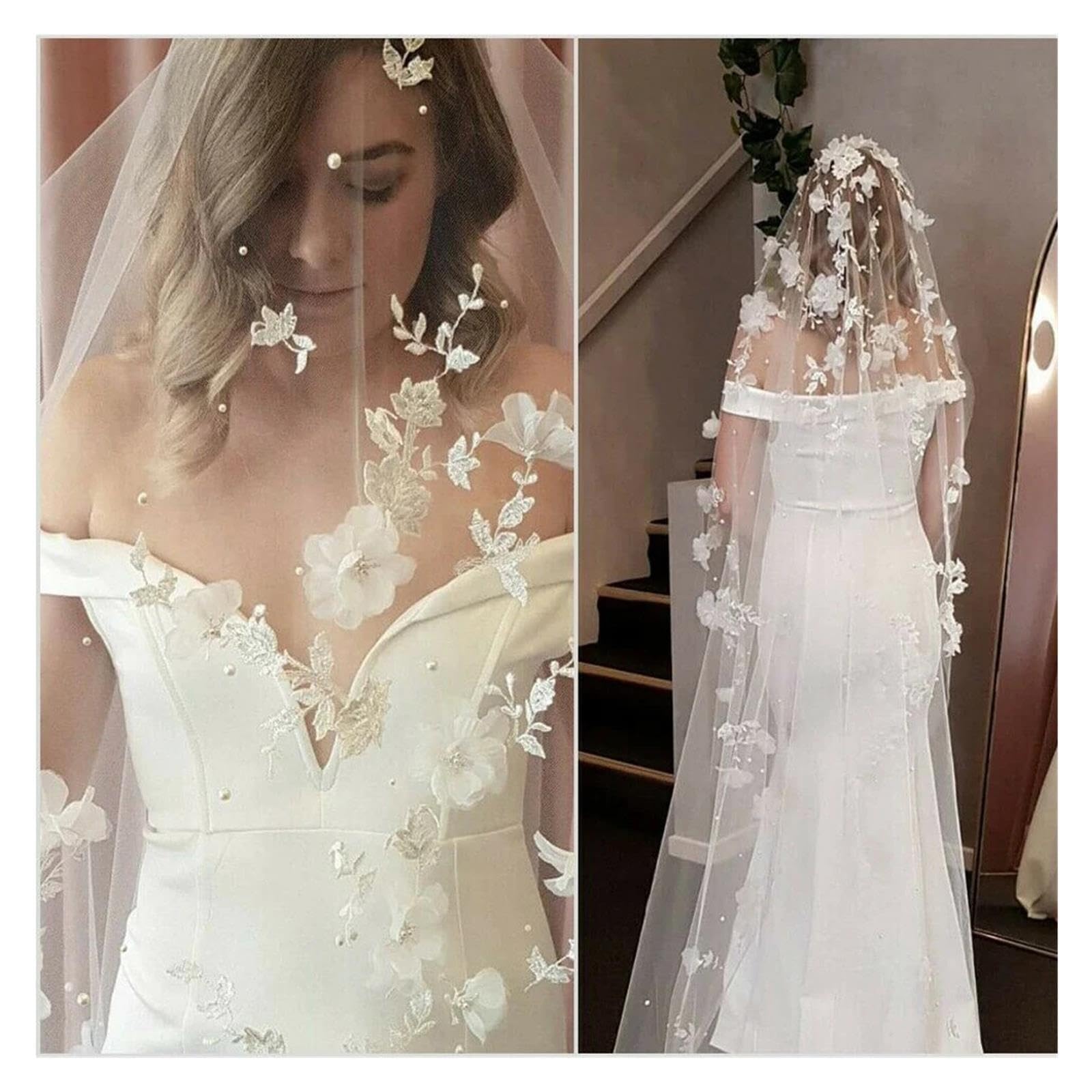 Velo da sposa con applicazioni Fiori 3D Perle Veli