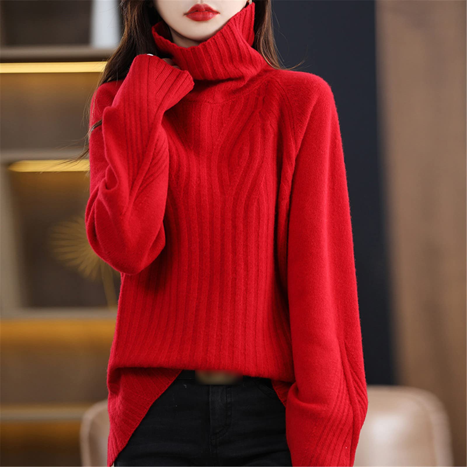 Suéter de talla grande para mujer, otoño, invierno, 100% lana, casual, de punto, pesado, cuello redondo, rosso, XL