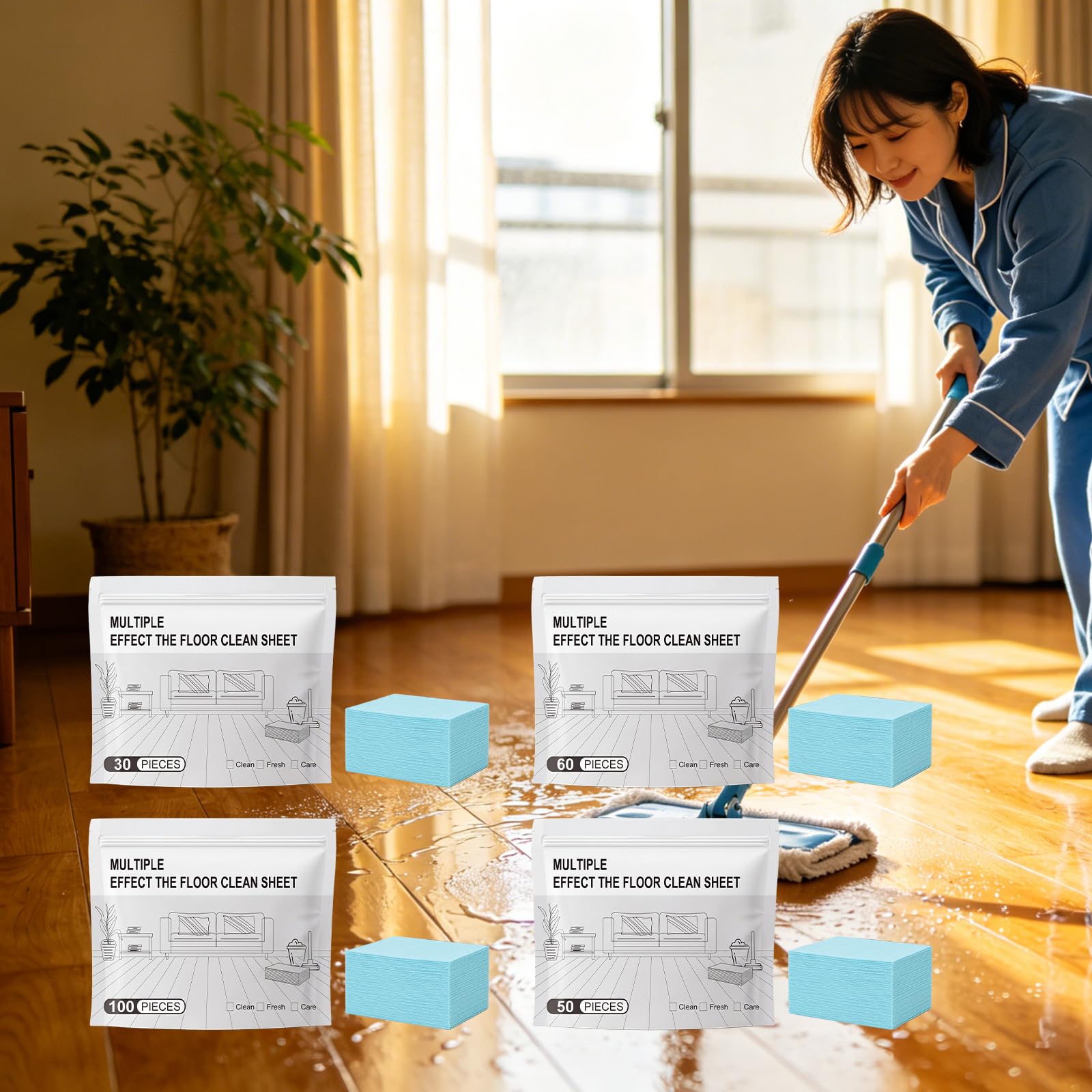 Multiply Effect The Floor Clean Sheet, 100 pastillas de limpieza de suelos, hojas solubles en agua, para suelos de madera, 8 unidades