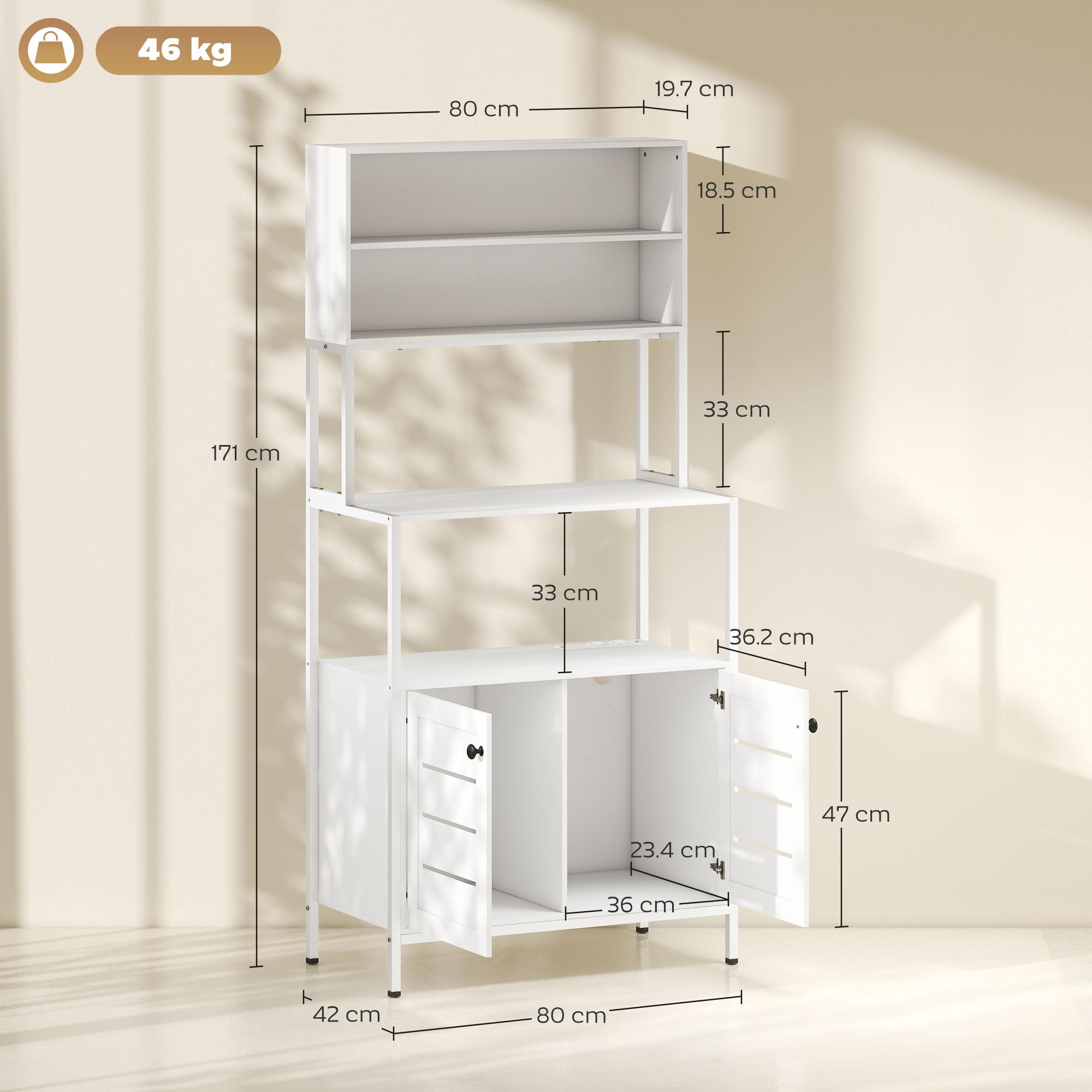 HOMCOM Scaffale Cucina con Ripiani, 2 Prese di Ricarica USB e AC, Scaffale per Microonde con Armadietti con Porte a Persiana, Mobile Cucina Salvaspazio in Legno e Acciaio, 80x42x171 cm, Bianco