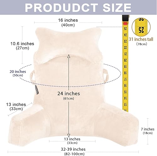 Vista 4 de Almohada de Lectura - Extra Grande de 31" Almohada de Descanso para Cama con Rollo de Cuello Desmontable y Brazos para Sentarse en la Cama o Sofá