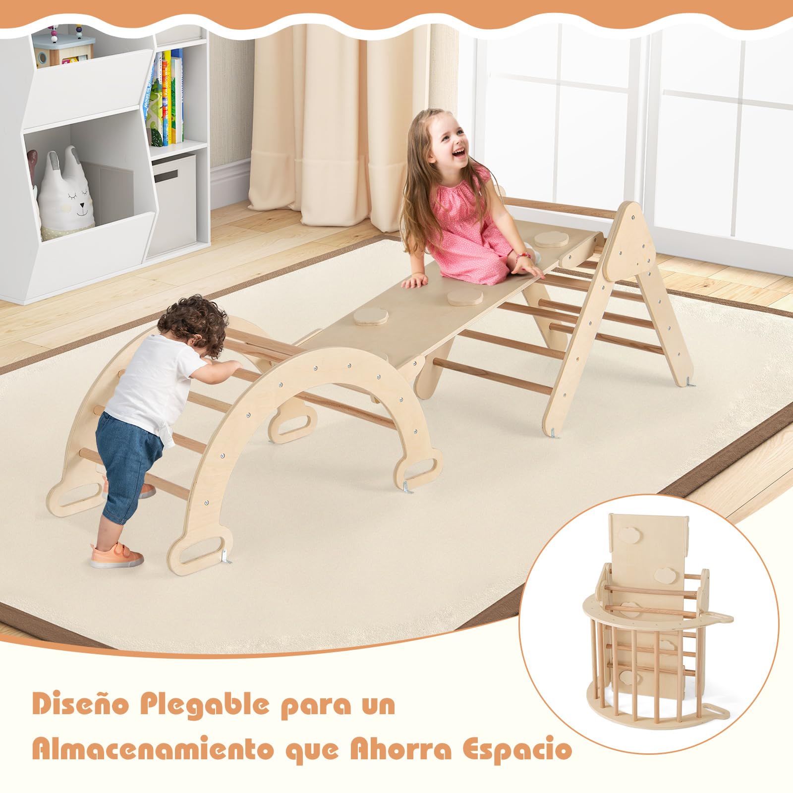 GOPLUS 7 en 1 Triángulo de Escalada para Niños de 1 Año, Montessori Escalador con Tobogán Rampa Arco, Juguetes de Escalada de Madera, Slide Aprendizaje para Guardería Casa, Carga 50 kg (Natural)