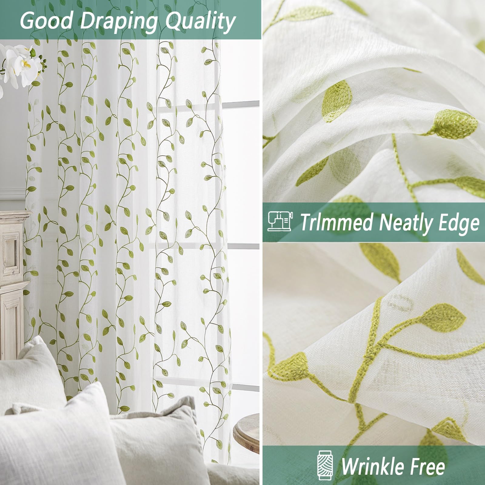LONGCAO Tende Trasparenti 80 x 200 cm Set 2 Pannelli in Voile Morbido 100% Poliestere Traslucido Verde