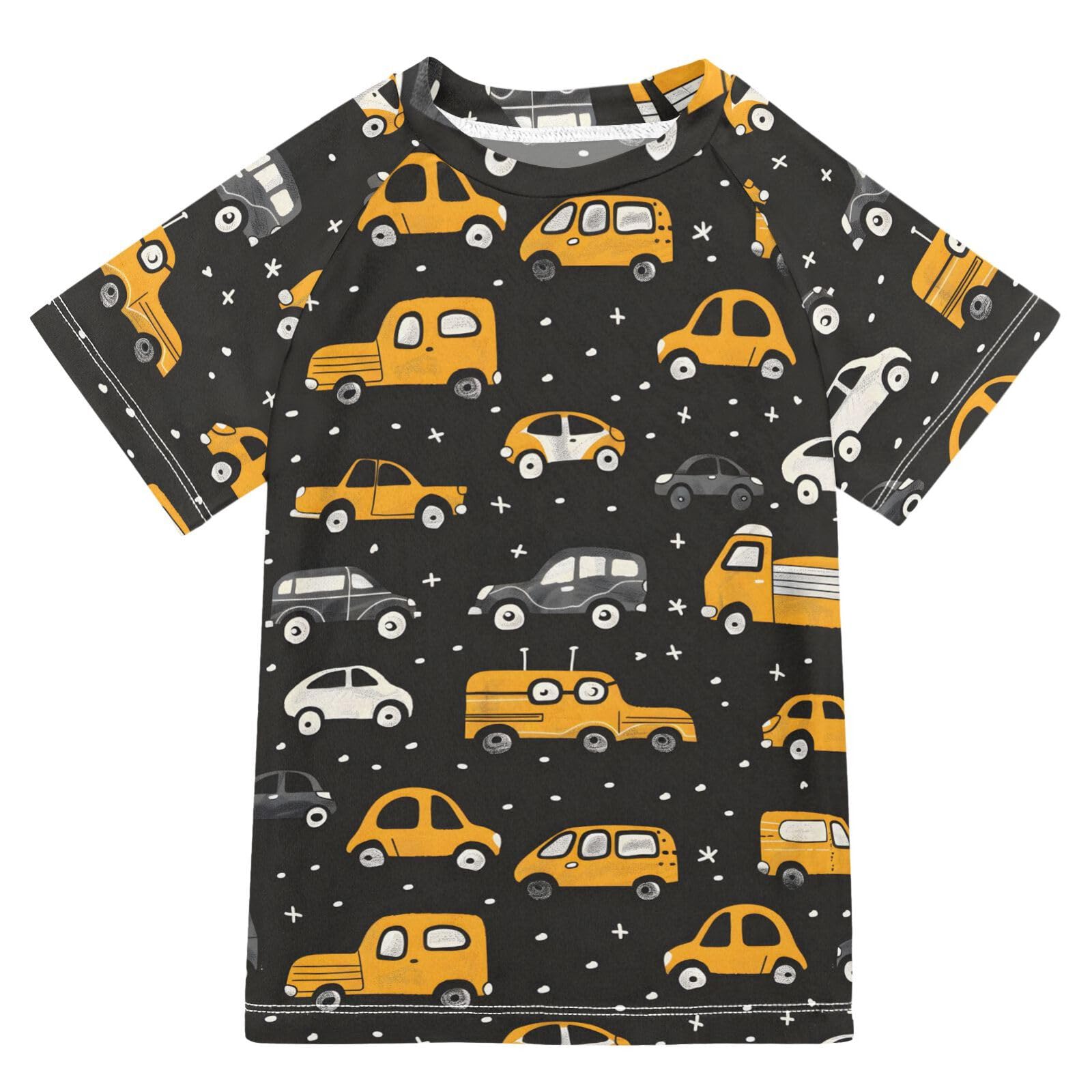 Boys Rash Guard Short Sleeve Swim Shirts for Boys Cute Cars Black Sun Protection 7-8T