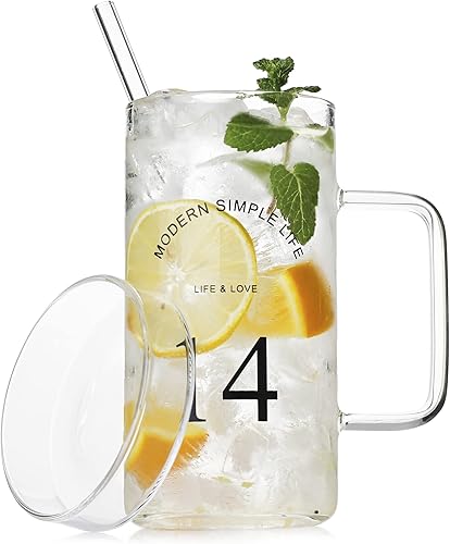 LUXU Vaso con asa, tapa y popote de vidrio, juego de 1 vasos altos de 19 onzas, vasos altos transparentes para agua, jugo, cerveza, bebidas,