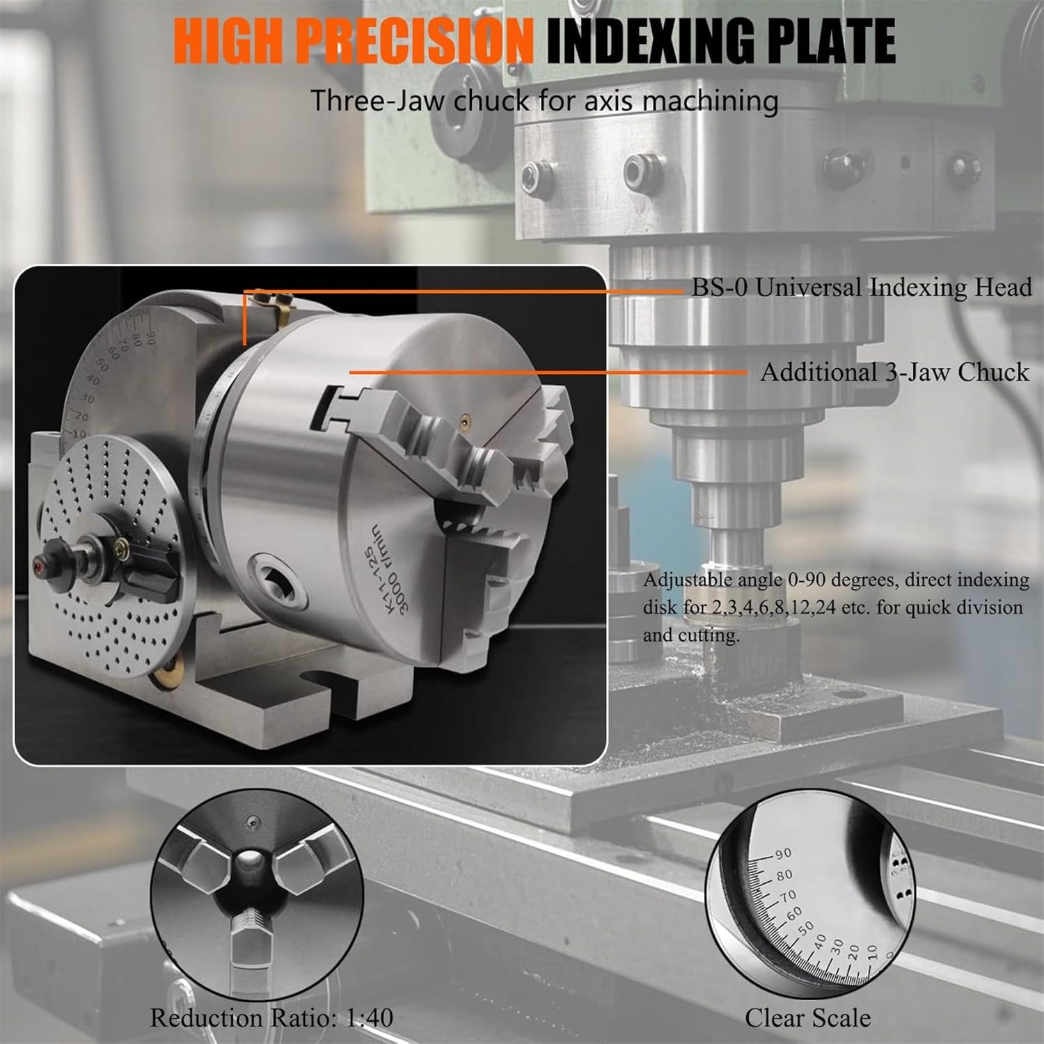 Semi-Universal Dividing Head Milling Set, 3 Jaw Chuck Dividing Head Set,for Precision Rotary Table (6in/160mm)