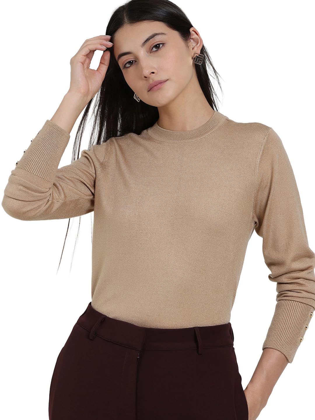 fablestreet Women Pullover Sweater | Round Neck Long Sleeve Solid Design with Gold Button Detail | Soft Acrylic Fabric for Autumn & Winter Casual Wear-picture-0