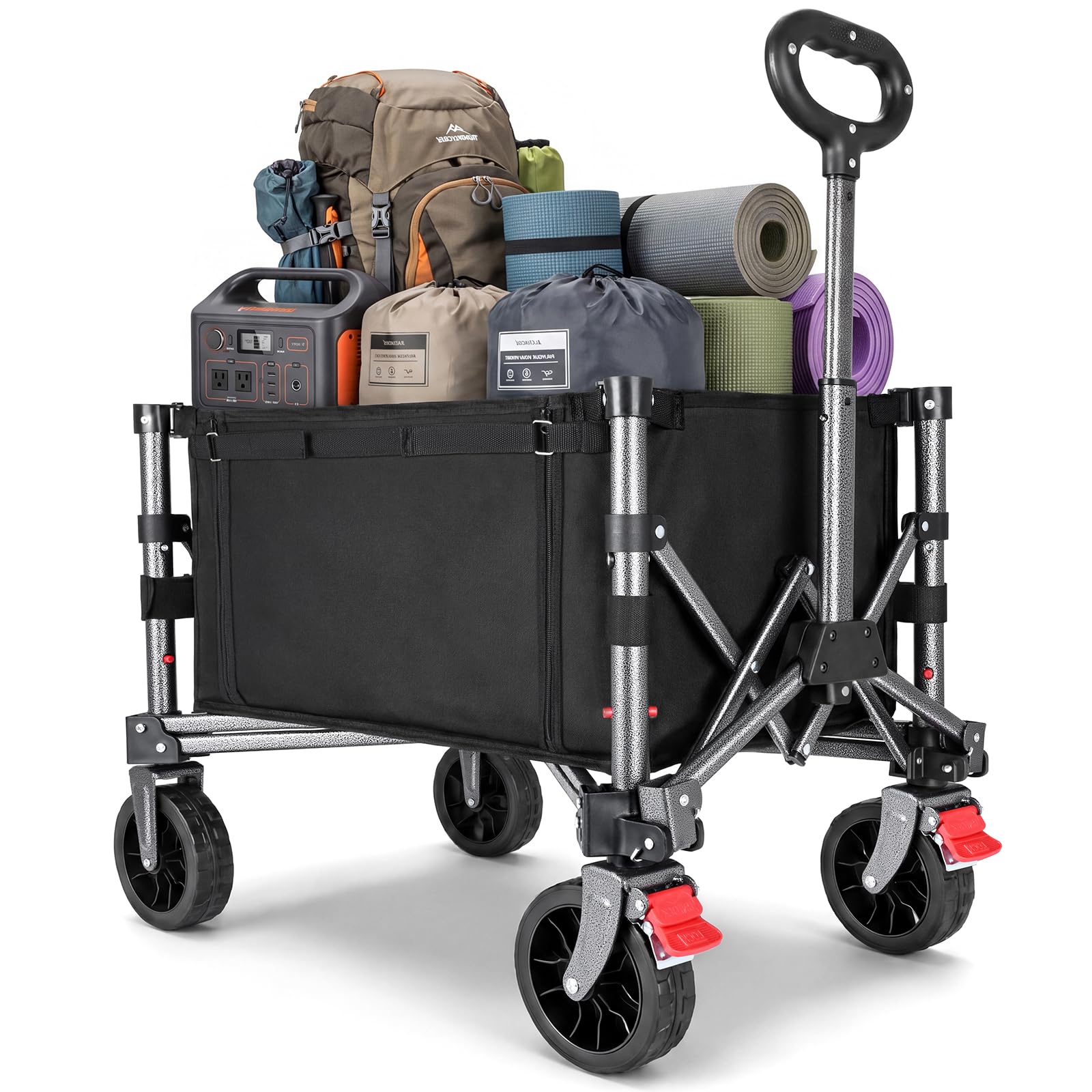 YEAUPE PRO Carrello pieghevole con freno di stazionamento, 70 l, 50 kg, carrello pieghevole in 4 direzioni, manico regolabile in altezza e apertura laterale per giardino, campeggio, spiaggia e
