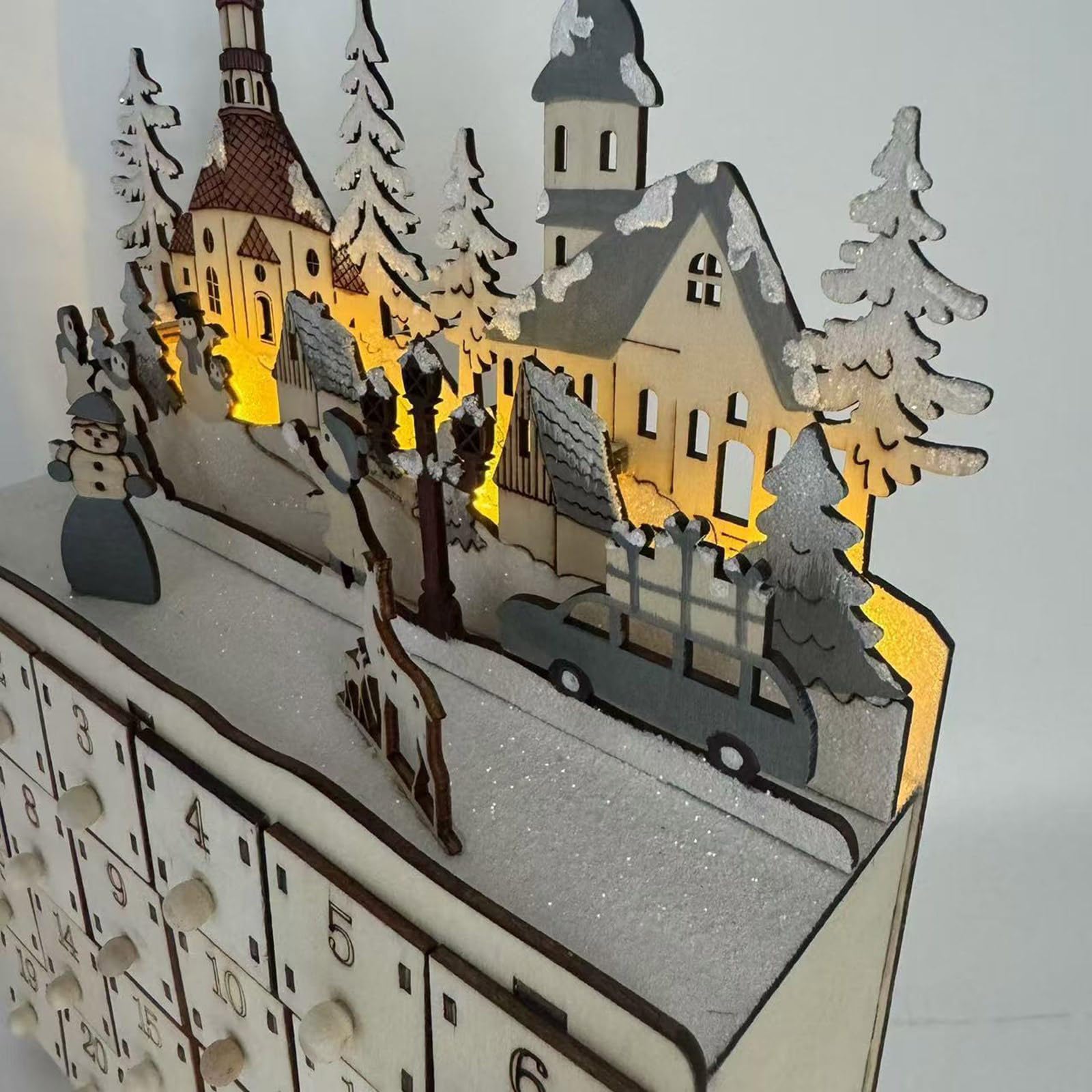 Calendario de Adviento con luz LED de madera con 24 cajones, calendario de cuenta regresiva para decoración de escritorio, decoración única de Navidad