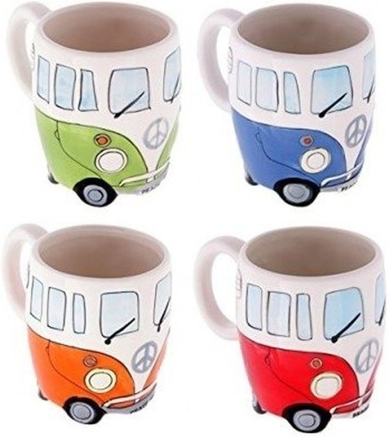 Set of 4 Camper Van Mugs, Hand Painted Blue, Red, Orange & Green