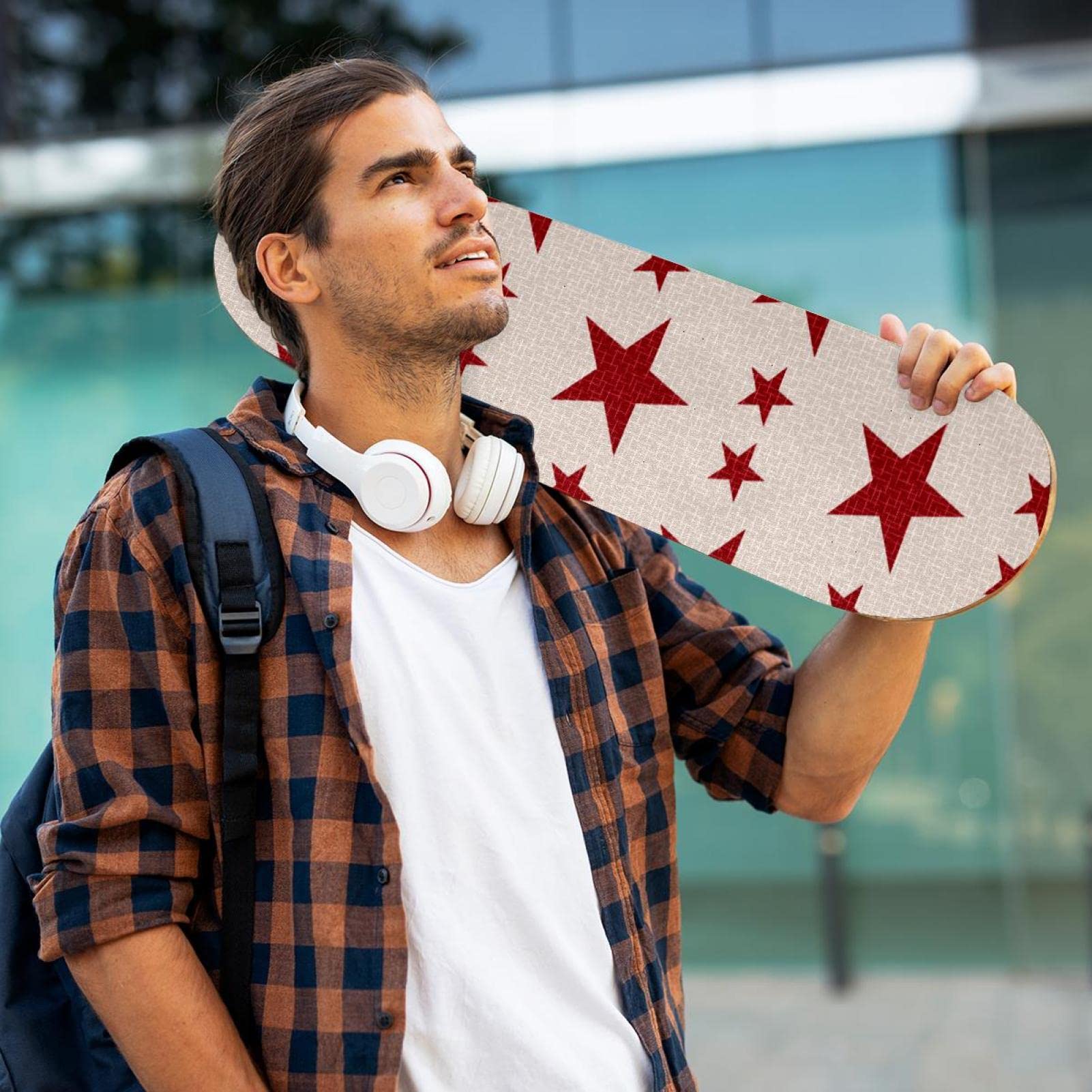 Lot de 2 feuilles de papier abrasif pour planche de skateboard Motif étoiles rouges
