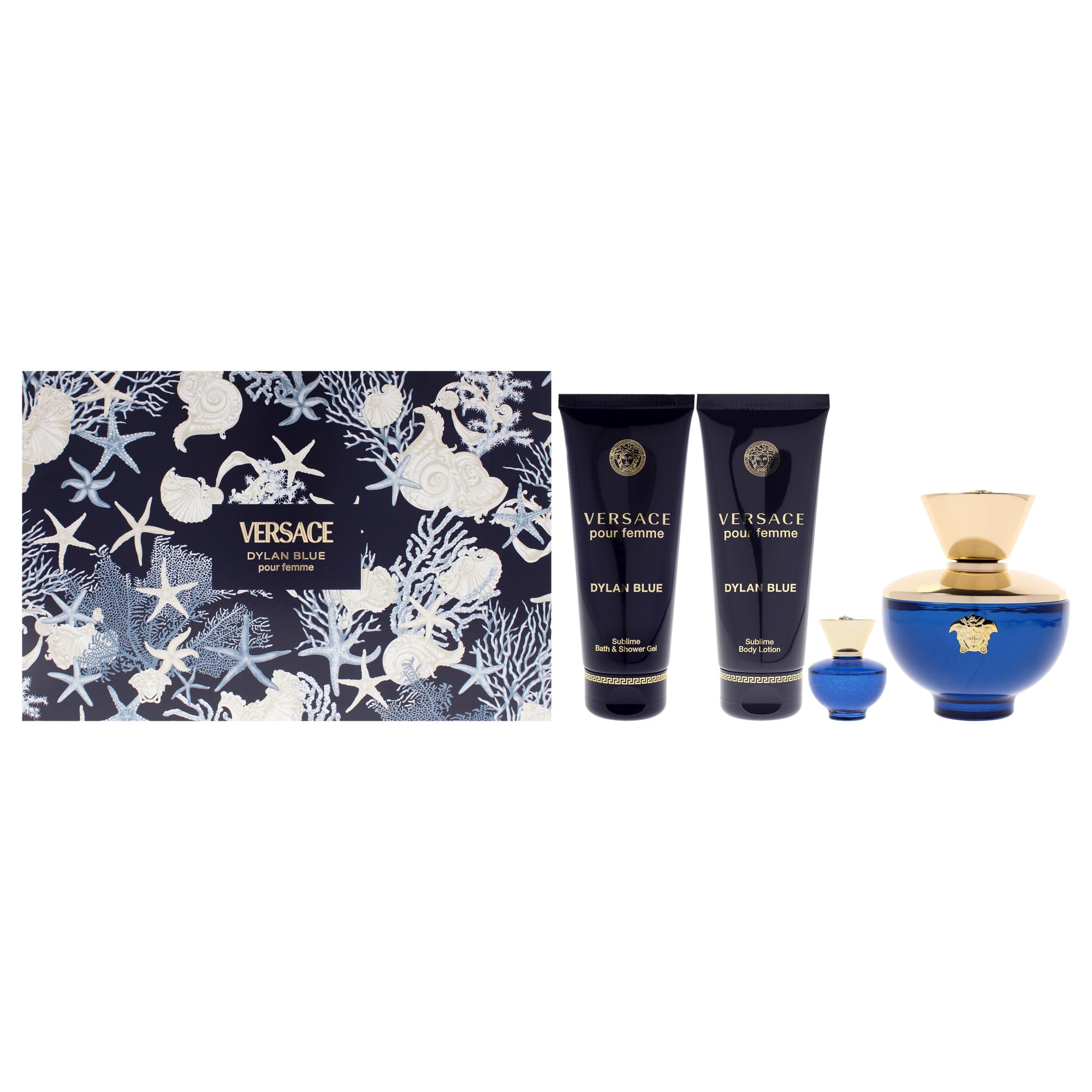 Dylan Blue by Versace for Women - 4 Pc Gift Set 3.4oz EDP Spray, 3.4oz Body Lotion, 3.4oz Bath and Shower Gel, 0.17oz EDP Splash