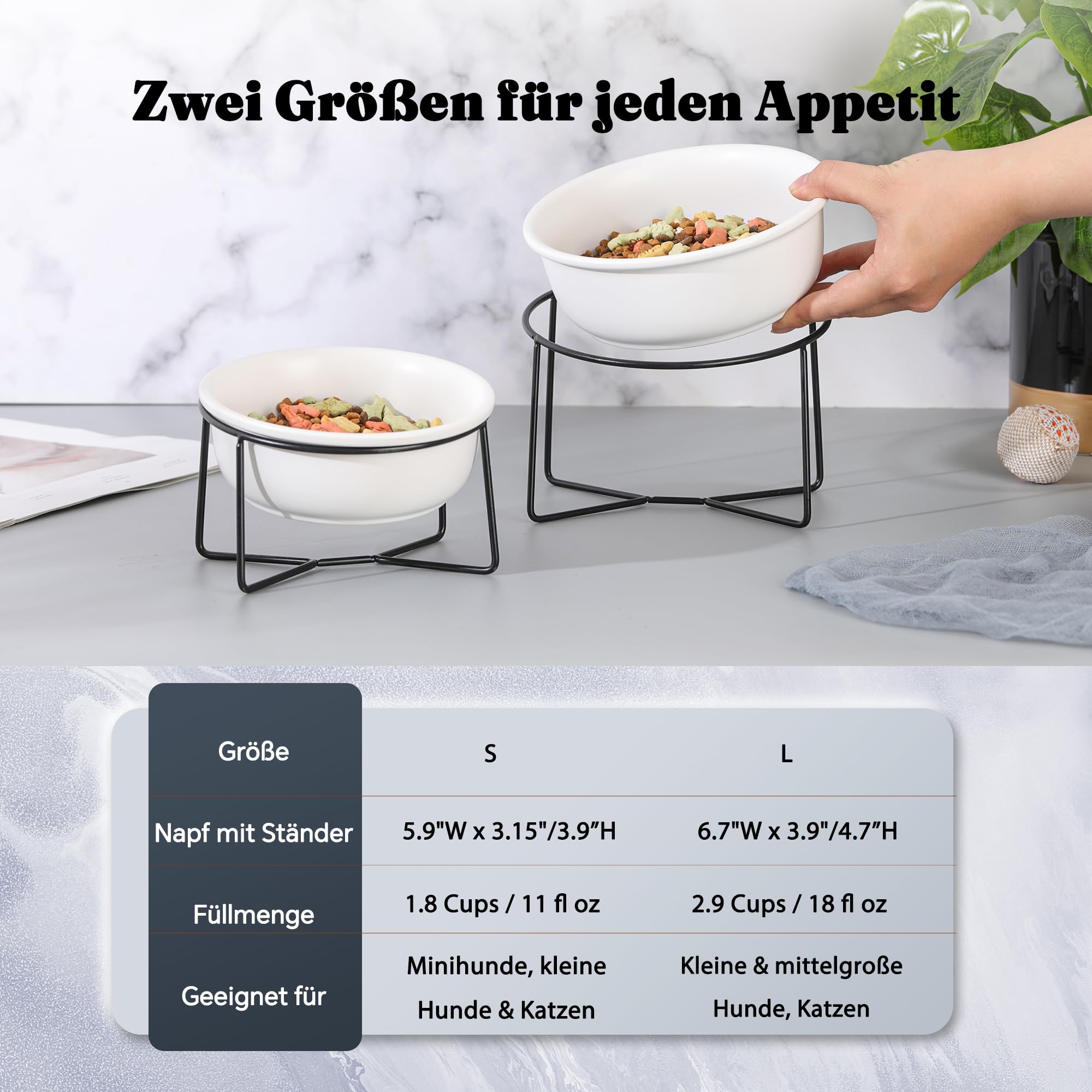 Keramiknapf Erhöht mit Ständer, Doppelnapf für Wasser und Futter, Geeignet für große Katzen und mittelgroße Hunde, 530 ml
