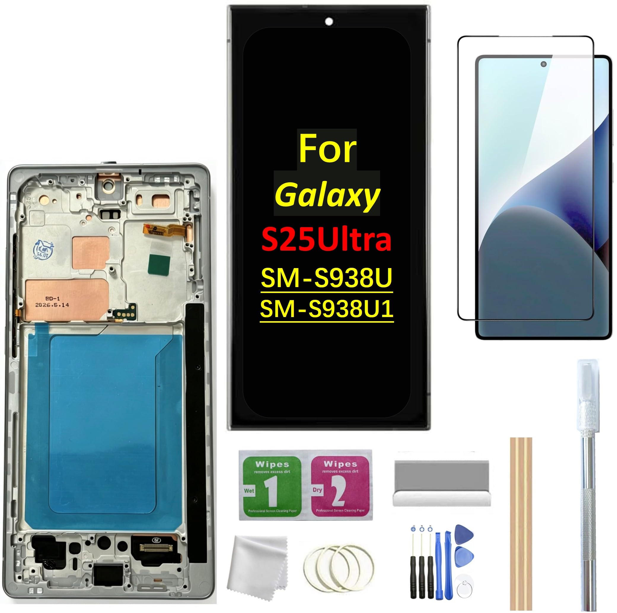 Photo 1 of JMBTQ Galaxy S25 Ultra LCD Screen with Frame Replacement for Samsung Galaxy S25 Ultra SM-S938U SM-S938U1 LCD Screen Display Touch Digitizer with Frame+Tool (Silver)