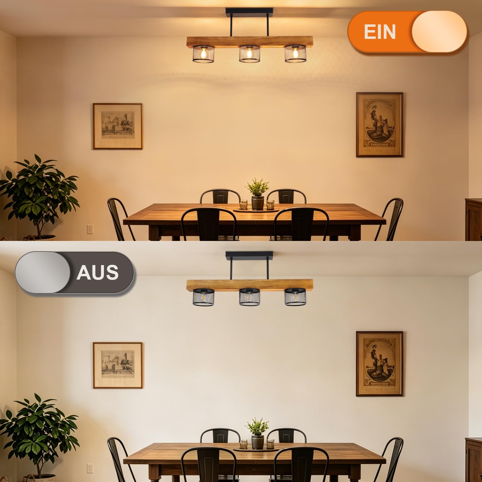ZMH Deckenlampe Vintage Holz E14 Deckenlampe: Wohnzimmerlampe 3 flammig aus Metall-Gitterschirm im Industrial Design Küchenlampe Decke für Esstisch Wohnzimmer Küche Schlafzimmer (Ohne Leuchtmittel)