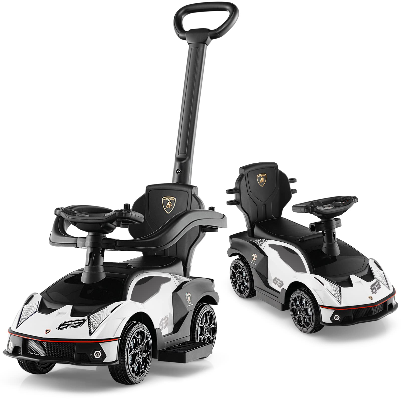 DREAMADE Voiture Porteur Enfant pour 1-3 Ans Lamborghini, Porteur Bebe avec Klaxon & Sons du Moteur, Poignée de Poussée, Garde-Corps Amovible, Rangement sous Le Siège (Blanc)