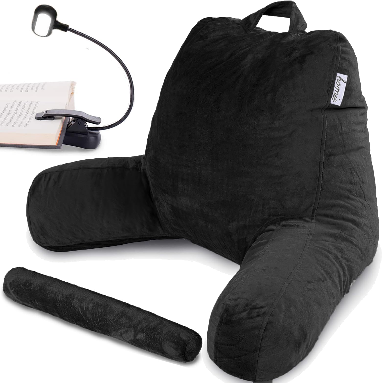 Homie Reading Pillow with Reading Light and Wrist Support, Has Arm Rests, and Back Support for Bed Rest, Lounging, Reading, Working on Laptop, Watching TV (Black)