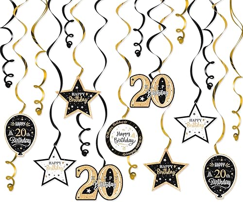 Decoración de fiesta de remolinos con purpurina negra y dorada de feliz 20 cumpleaños, 15 piezas de remolinos colgantes de 20 años, cartel de fiesta