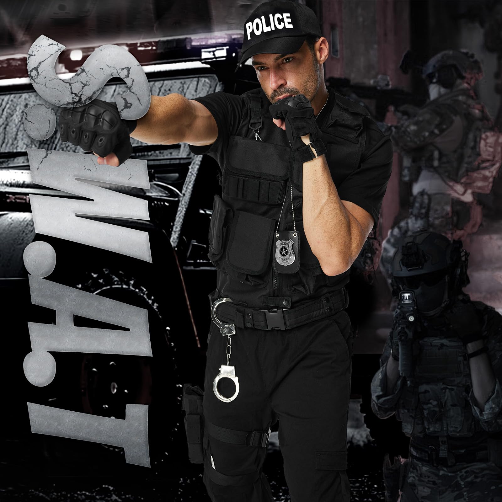 Ulikey Chaleco SWAT Adulto, Disfraz de Chaleco SWAT Policía Adulto, Guantes, Cinturón, Placa de Policía Disfraz de para Hombre Halloween Carnaval Fiesta de Disfraces Cosplay