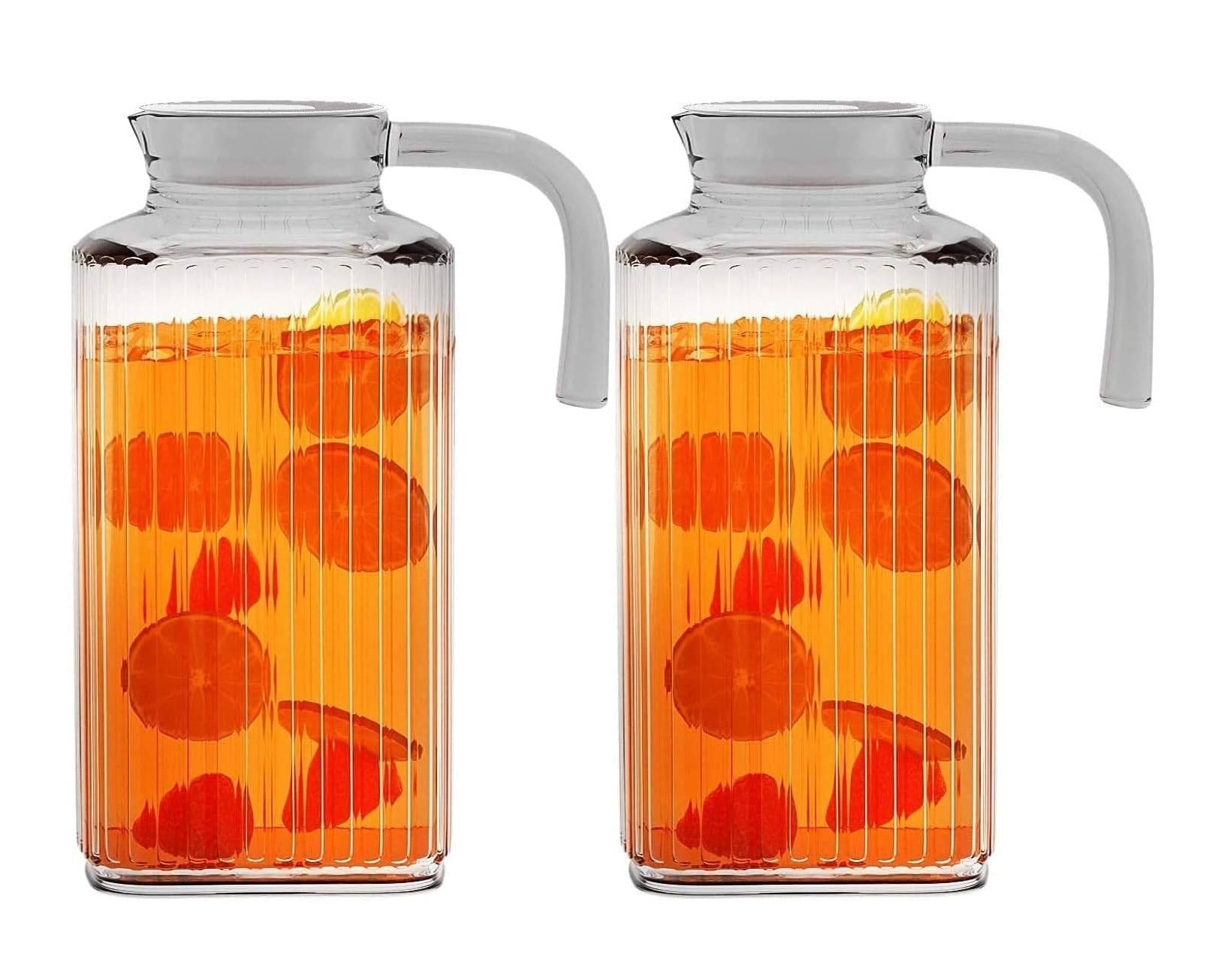 Home Essentials & Beyond - Juego de 2 jarras para nevera de 60 onzas, jarra de agua de vidrio con tapa, práctica y fácil de usar, ideal para limonada, té helado, leche, cócteles y más bebidas.