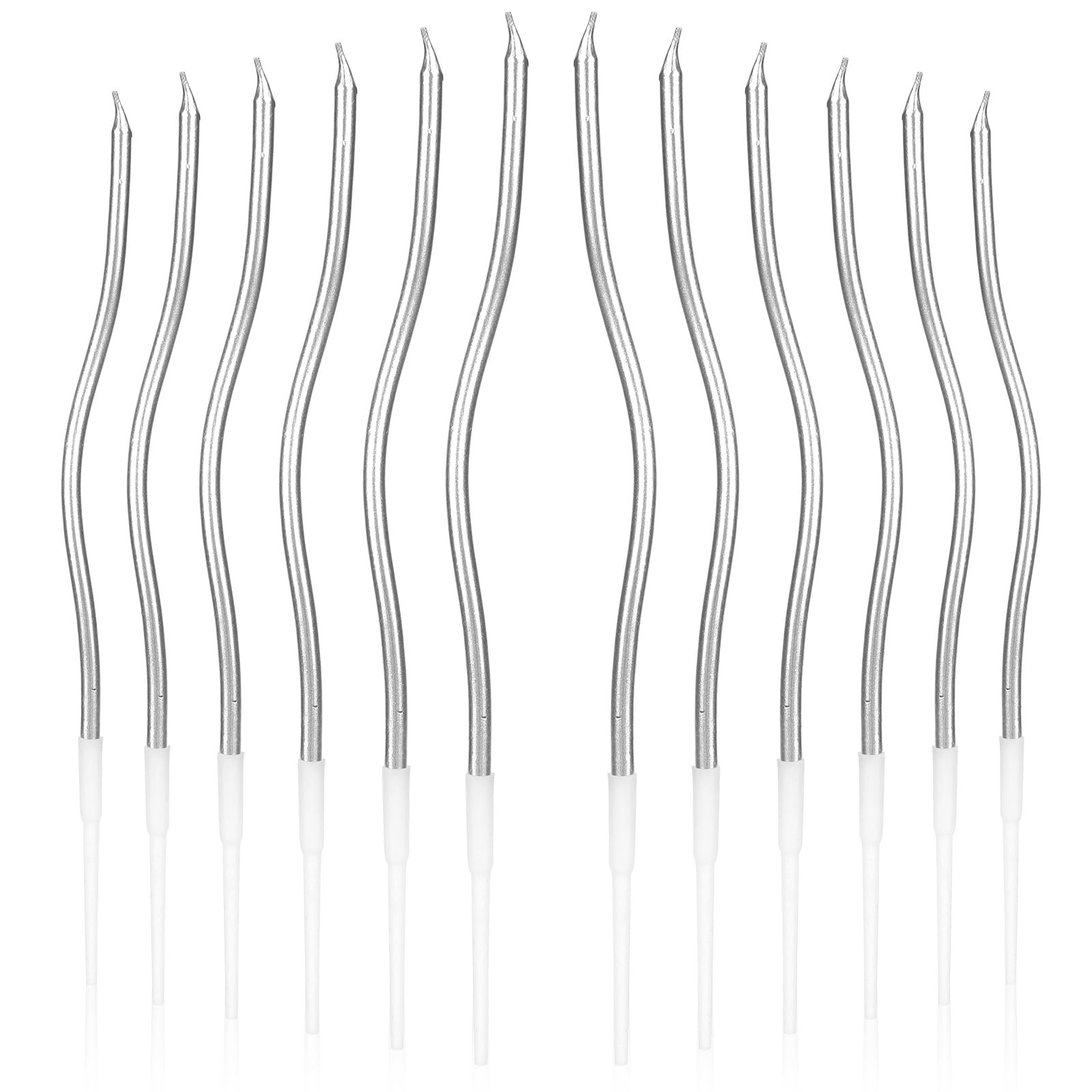lasuroa 12pcs Spiral Cake Candles, Twist Slim Long Birthday Cake Candles Velas Themed Party Cupcake Decoration with Stand for Birthday Wedding Anniversary (Silver) — image 1
