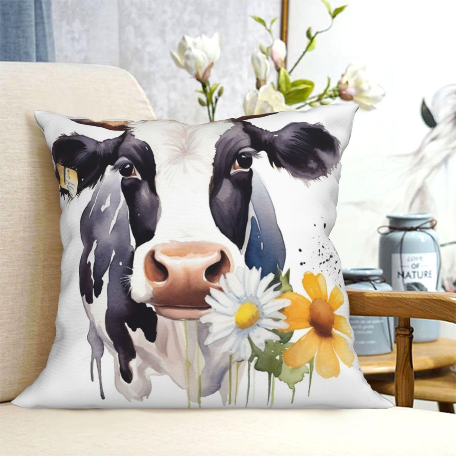 Fodpand Black Decorative Throw Pillow Covers 18"X18" Watercolor Cow And Daisy Flower Cushion Cases Square Modern Farmhouse Pillow Cases Soft Cozy Cushion Covers For Couch Sofa Bedroom Home Decor Pillowcase