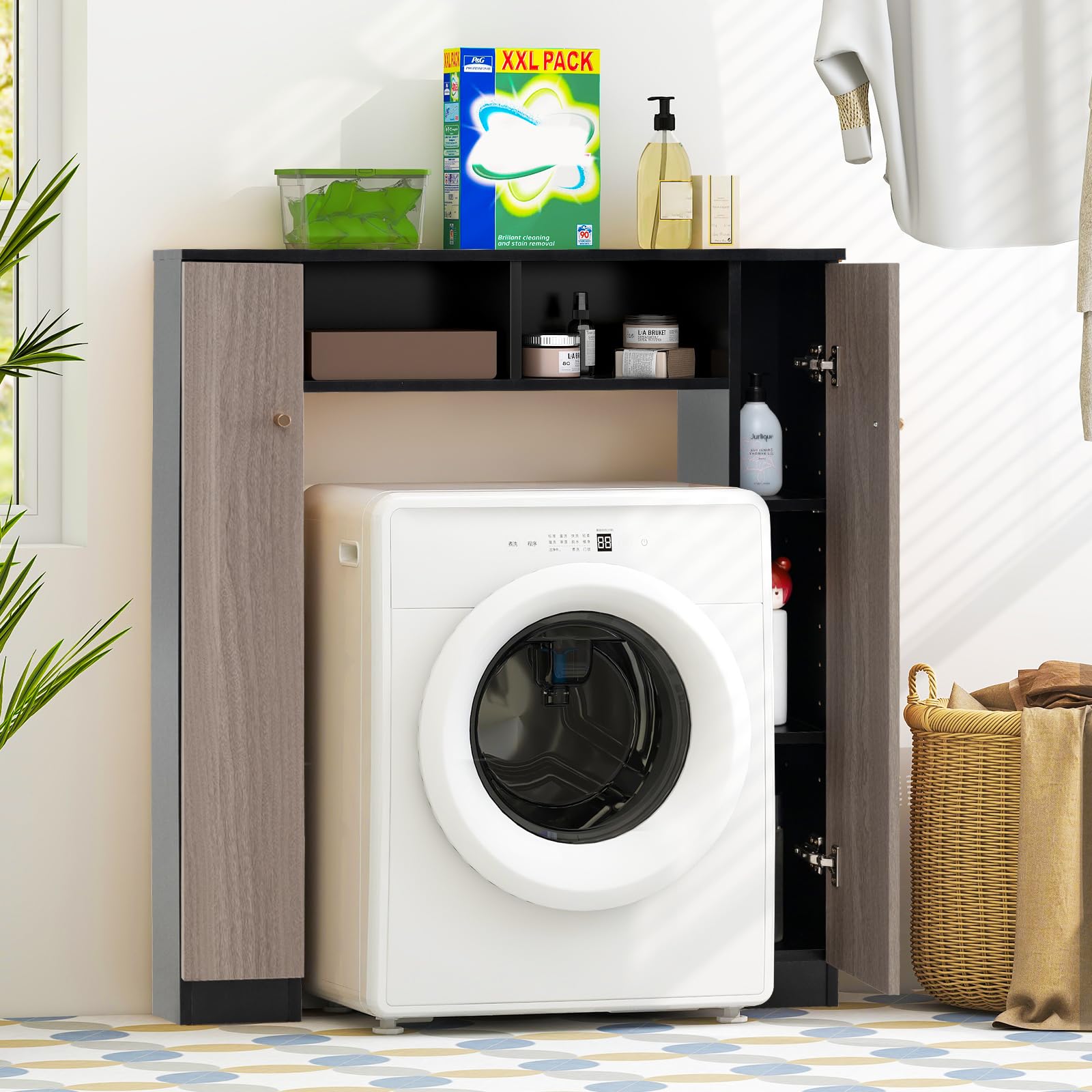 COSTWAY Meuble WC Au-Dessus de Toilettes, Meuble de Rangement avec 2 Compartiments Ouverts, 2 Placard avec 4 Étagères Réglables, Dispositif Anti-basculement, 18 x 87,5 x 98 cm (Gris+Noir)