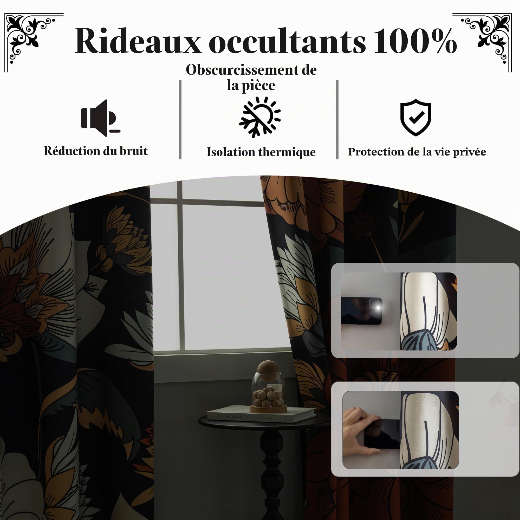 Tyrot Lot de 2 rideaux 100 % occultants à isolation thermique avec œillets, motif floral bohème style Mid-century, pour salon, chambre à coucher, l 132,1 x L 213 cm, noir