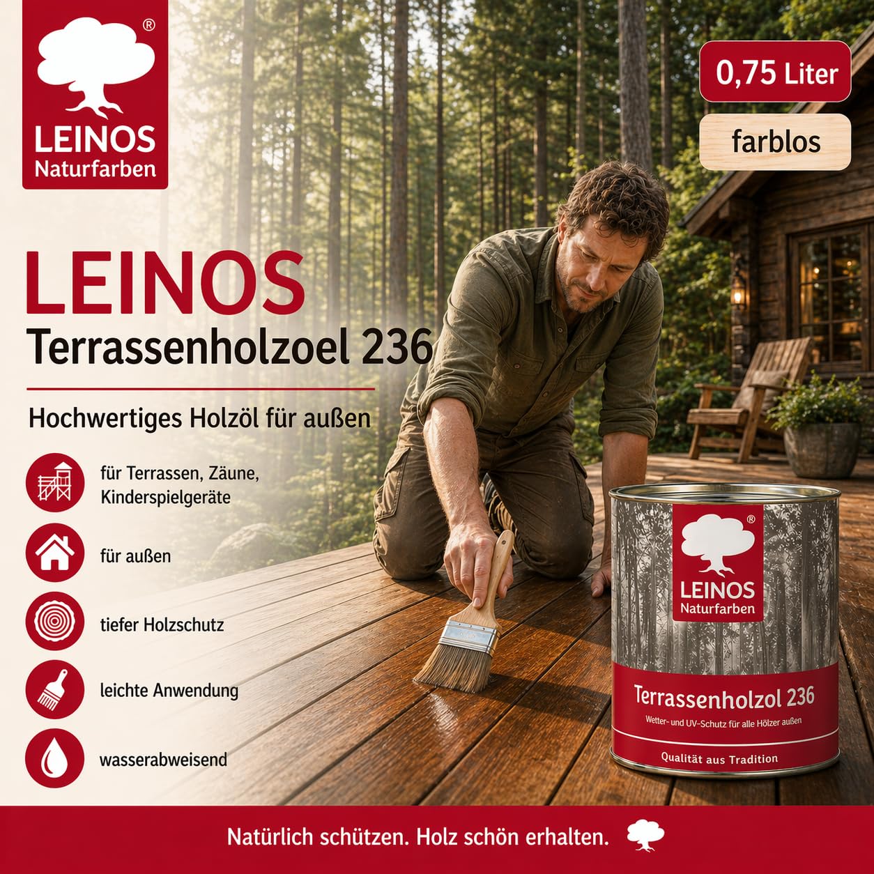 Leinos 236 naturalny olej do drewna na zewnątrz 002 bezbarwny 0,75 l
