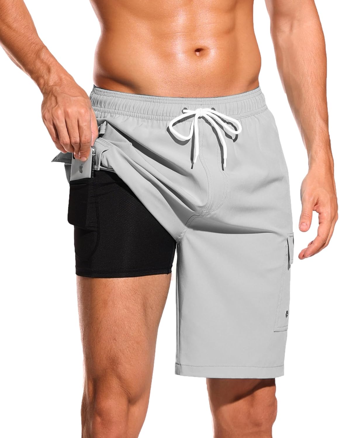 SILKWORLD Men's Swim Trunks with Compression Liner Quick Dry Bathing Suits 9 Inch Swimming Shorts with Cargo Pockets