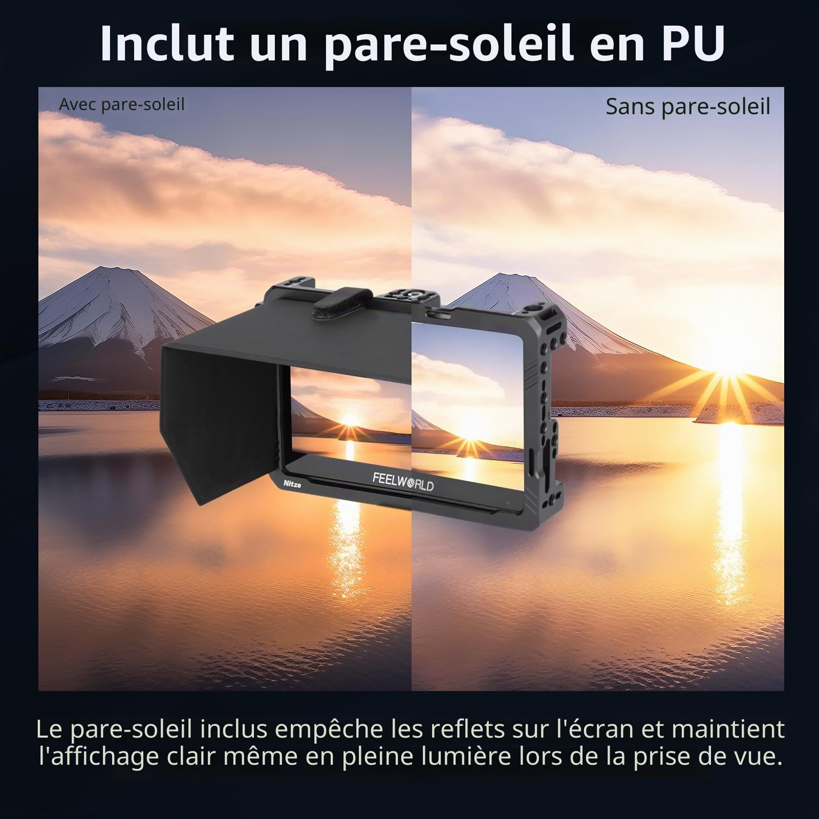 Nitze Cage de Moniteur pour Feelworld F6 PLUSX / F6 Plus / F5 Pro / F5 Prox, avec Serre-Câble HDMI et Pare-Soleil - JT-F05B