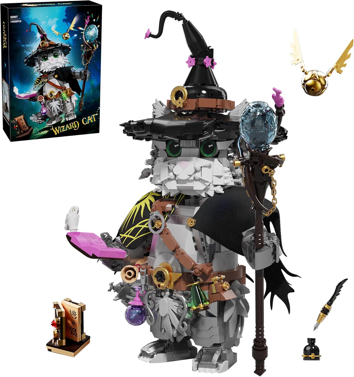 LQPFBSM Magic School Wizard Cat Building Set, fully assembled with accessories.