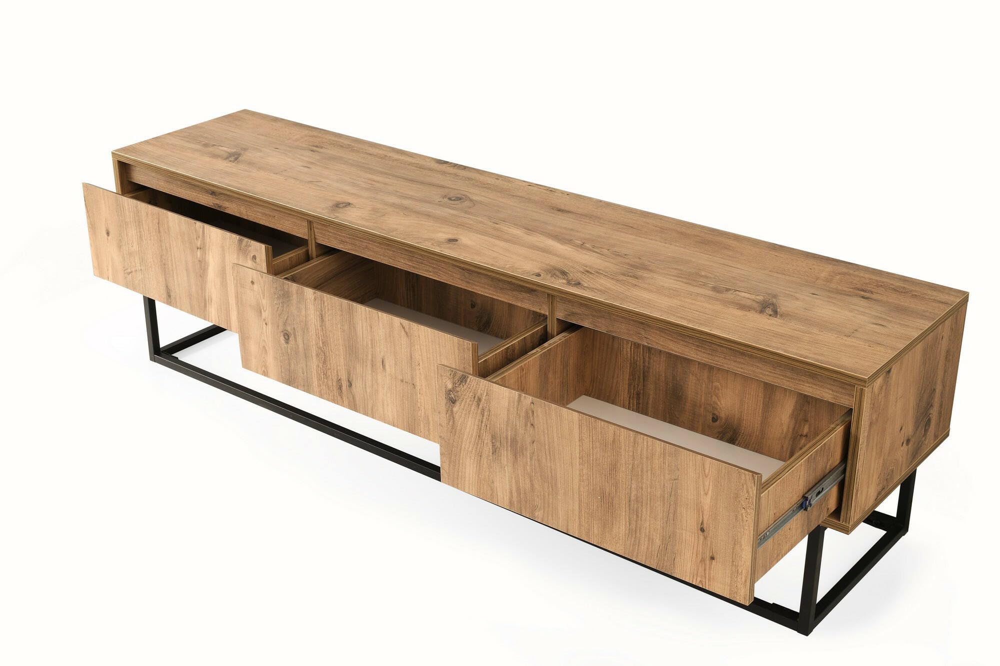 Dmora - Mobile porta TV Suhail, Credenza da soggiorno, Armadio basso per TV, Base parete attrezzata, 180x40h50 cm, Quercia e Nero