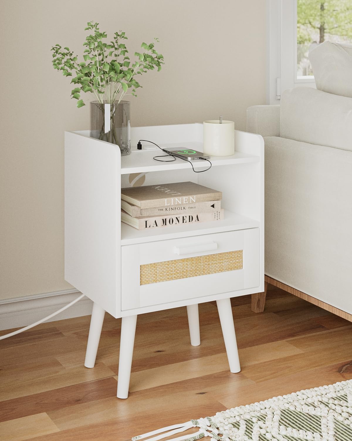 Nightstand,Boho Bedside Table,Rattan Night Stand with Rattan Decorated Drawers,Bedside Furniture, Wood End Table for Bedroom,Living Room,Natural (Bohemian-Outlet, White) White Bohemian-Outlet