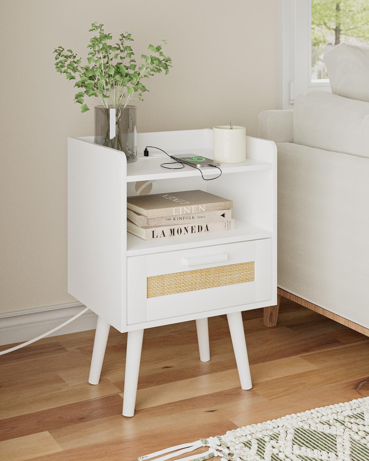 AEPOALUA Nightstand,Boho Bedside Table,Rattan Night Stand with Rattan Decorated Drawers,Bedside Furniture, Wood End Table for Bedroom,Living Room,