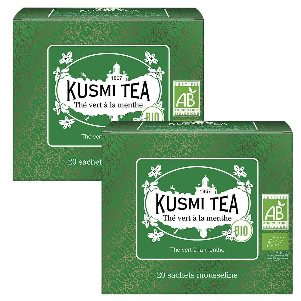 Kusmi Tea - Vert à la Menthe Bio - Lot de 2 boîtes - Mélange Biologique de Thé Vert Gunpowder et Menthe Poivrée - À Déguster Chaud ou en Thé Glacé - Thé Vert Aromatisé - 2x20 Sachets de Thé