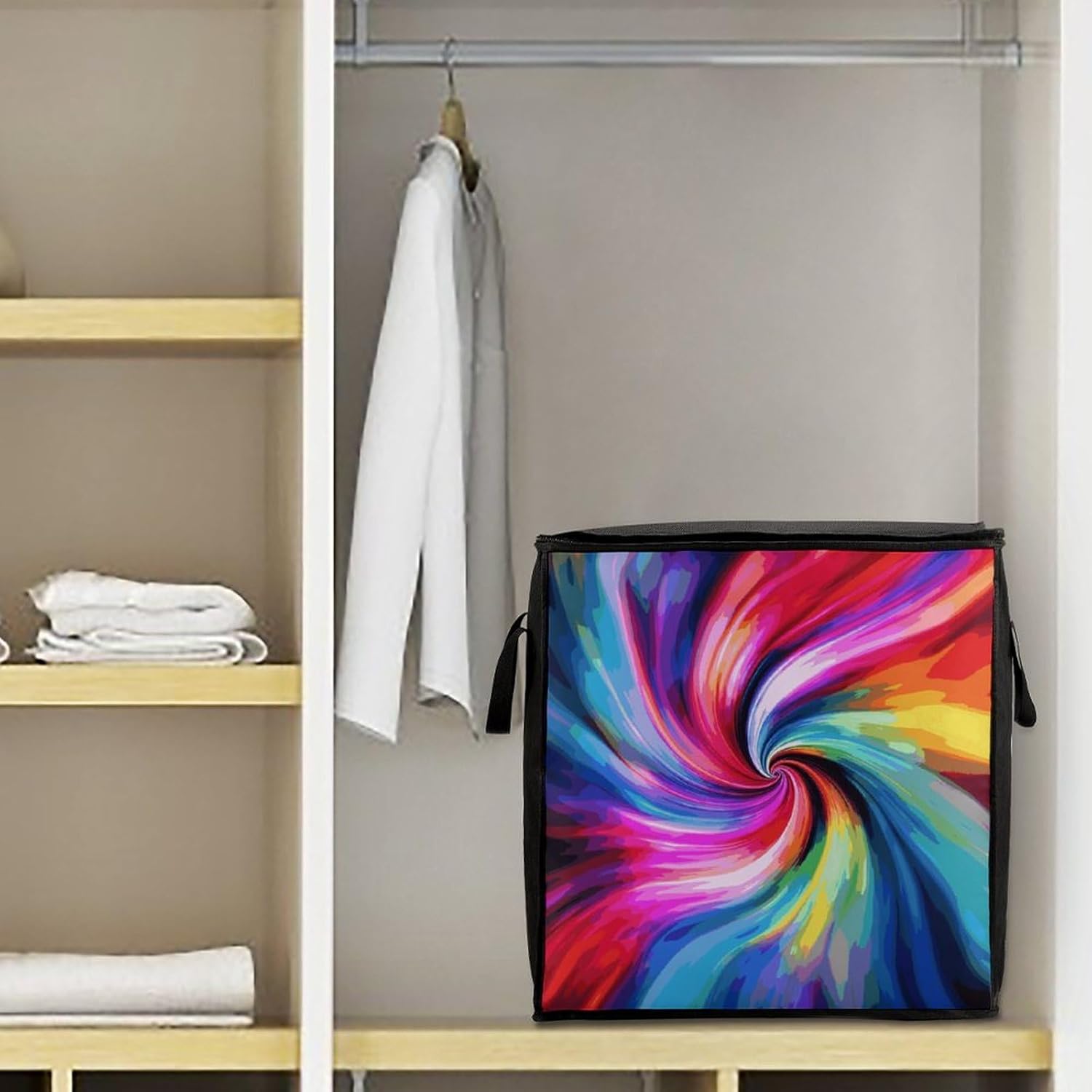 Portable Quilt Storage Bag,Colorful Tie Dye Printed Foldable Wardrobe Storage Box Foldable Storage Bag with Lids And Handle Large Clothing Storage Bag for Comforters Clothes Blankets Pillows