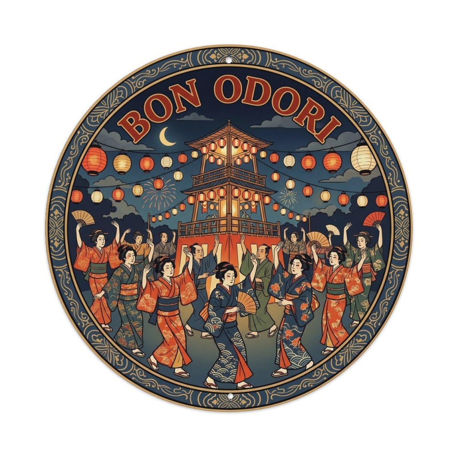 Olyhtr 8X8inch Classic Style Bon Odori Dance Woodblock Vermillion Navy Japan Metal Tin Sign