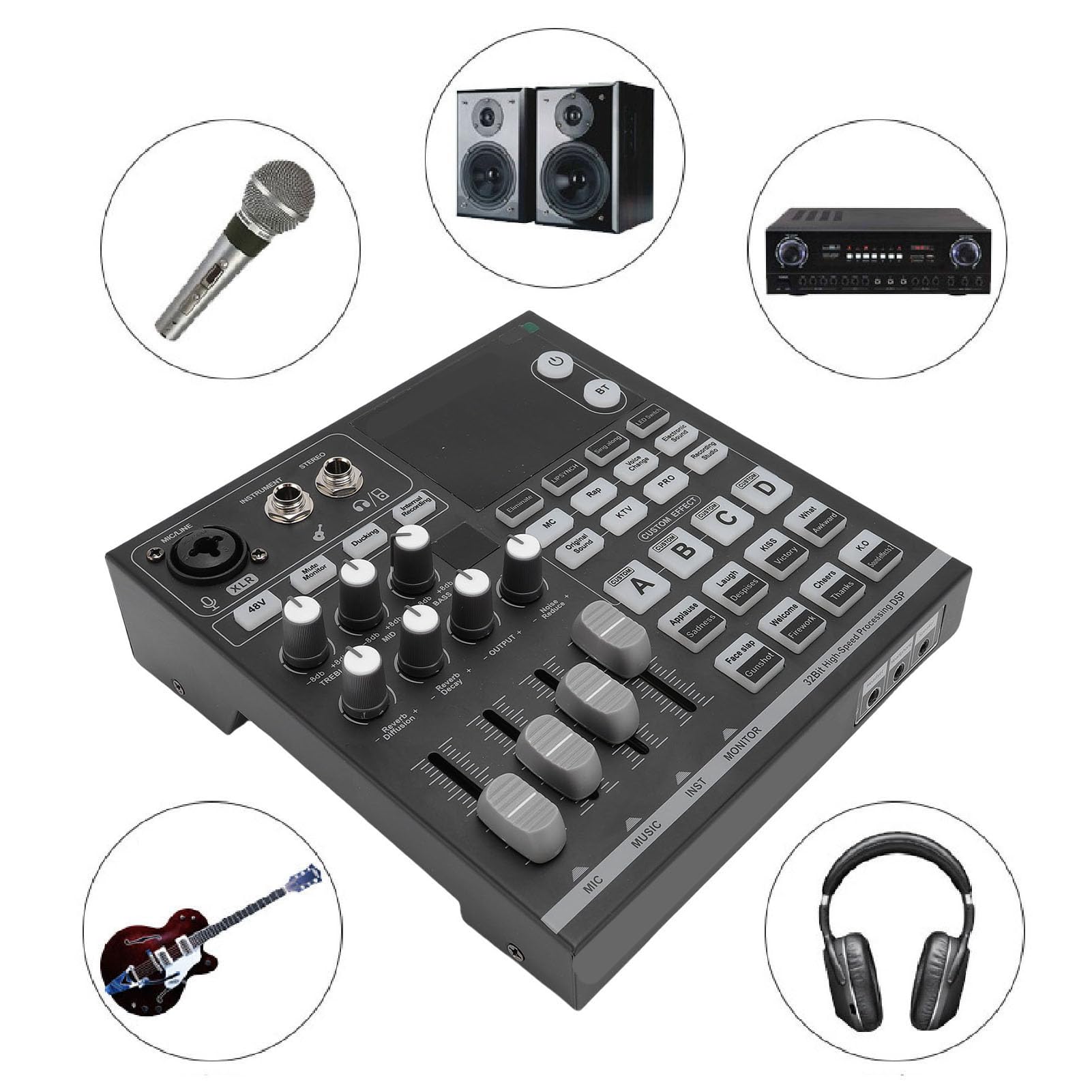 Luocute Tarjeta de Sonido Profesional para Directo, Mezclador de Bluetooth 5.0 con 12 Efectos de Sonido y 5 Cambiadores de Voz, Tarjeta de Transmisión para DJ, Ideal para Karaoke,