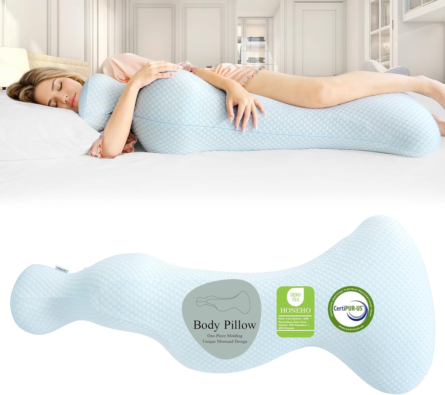 Mermaid Body Pillows for Adults, Cooling Long Pillow for Bed, One Piece Body Pillow, Full Body Pillow, Big Memory Foam Firm Body Pillow for Side Sleepe, Soft Hugging Bodypillow for Pregnancy Light Blue & White Mermaid Body Pillow-47*12Inch