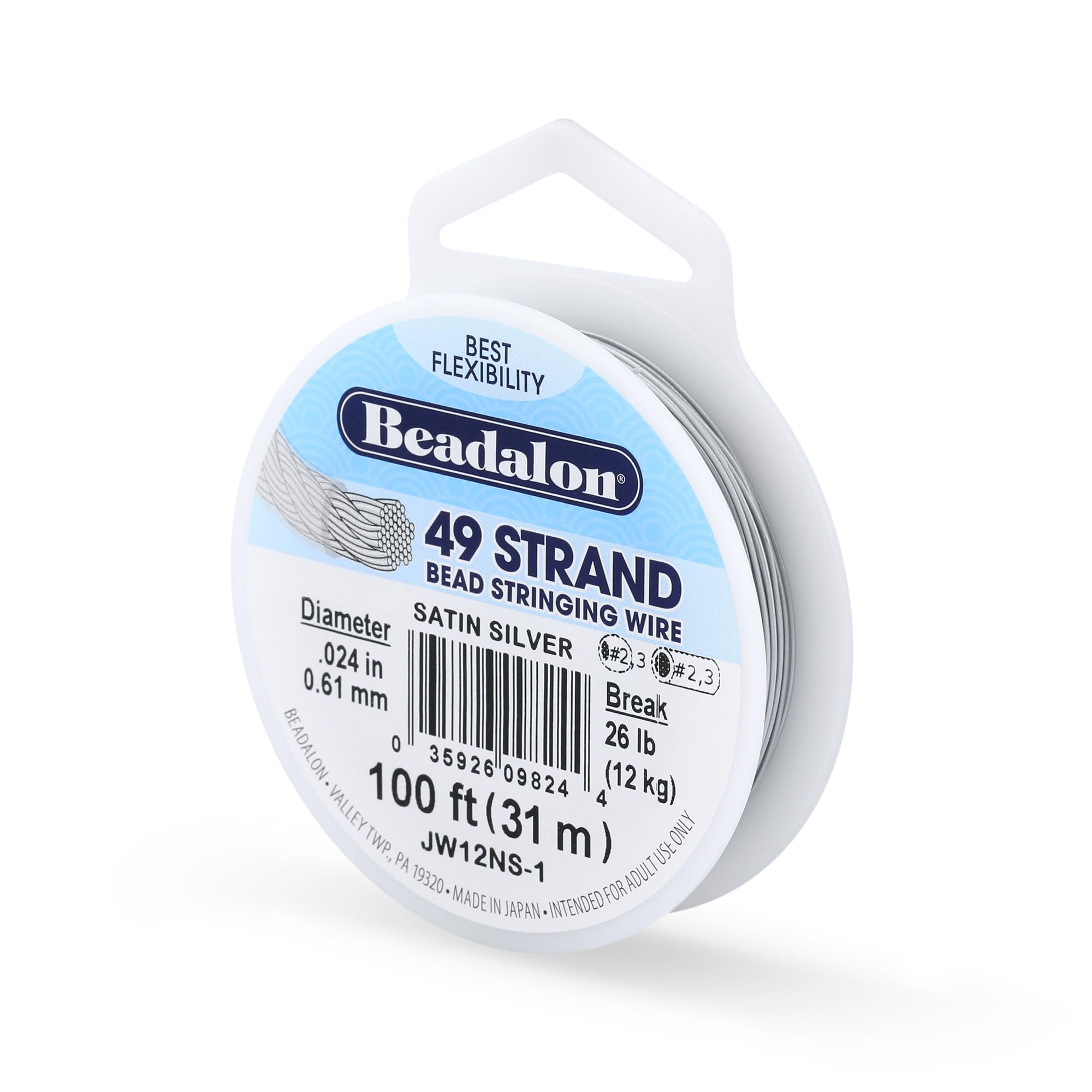 Beadalon 0.61 mm Diameter 31 m Reel 49 Strand Wire, Satin Silver
