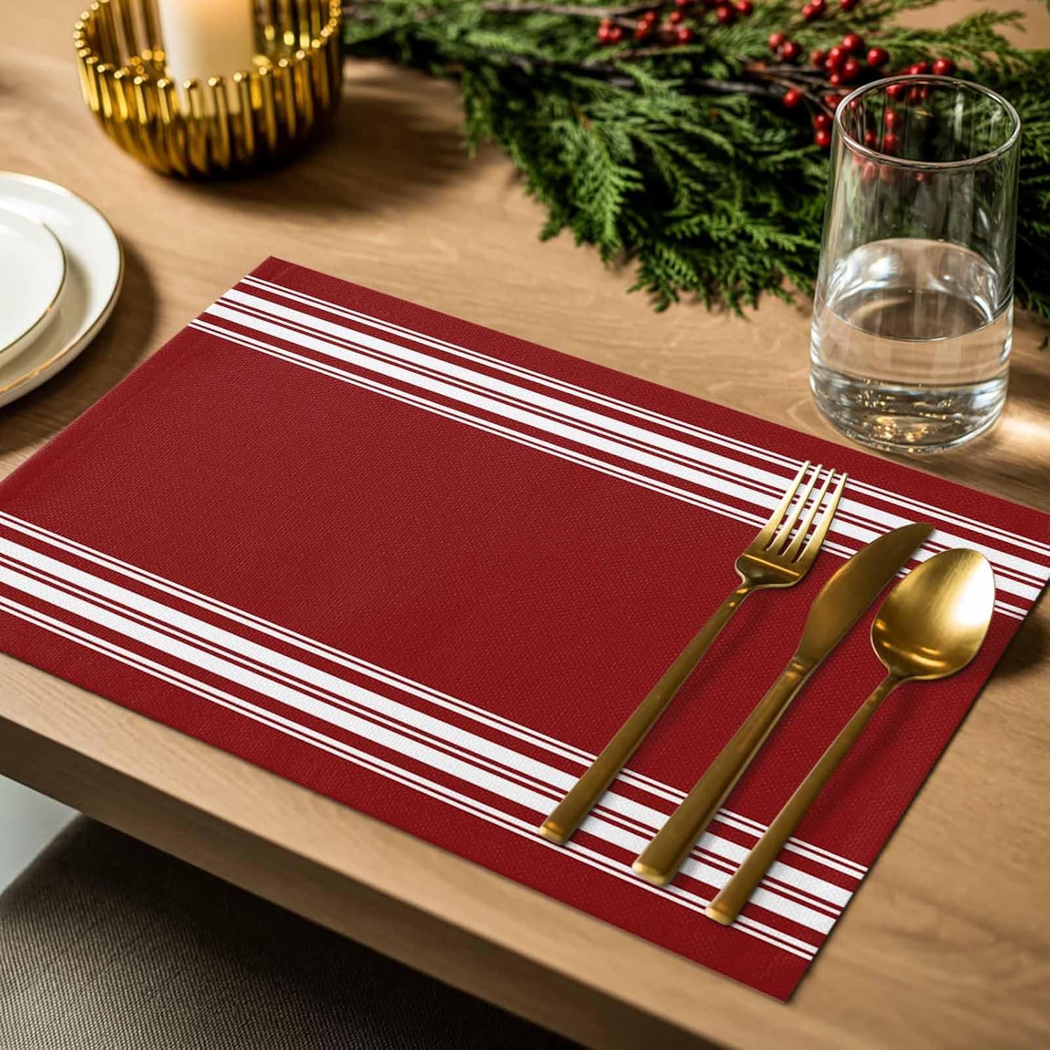 Placemats Set of 12,Christmas Minimalist Dark Maroon Heatproof Non-Slip Table Mats Place Mat,Red White Stripe Lines Linen Washable Placemat for Kitchen Dinning Indoor Outdoor Party Decor