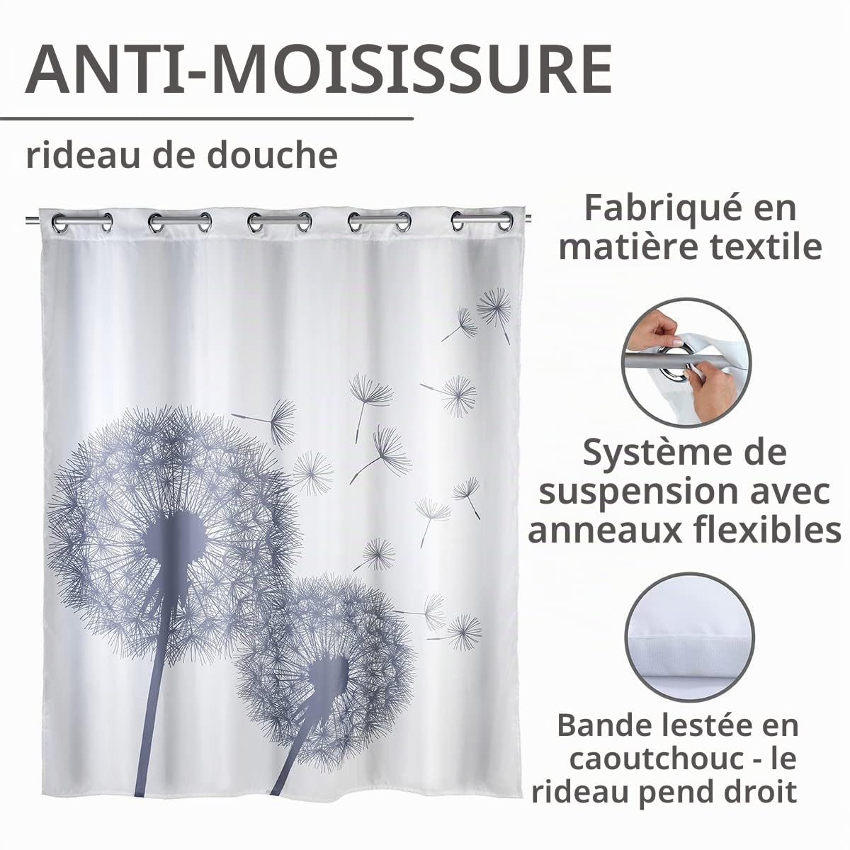 WENKO Rideau de Douche Anti-moisissure Flex Astera - antibactérien, Lavable, Anneaux intégrés, Polyester, 180 x 200 cm, Blanc