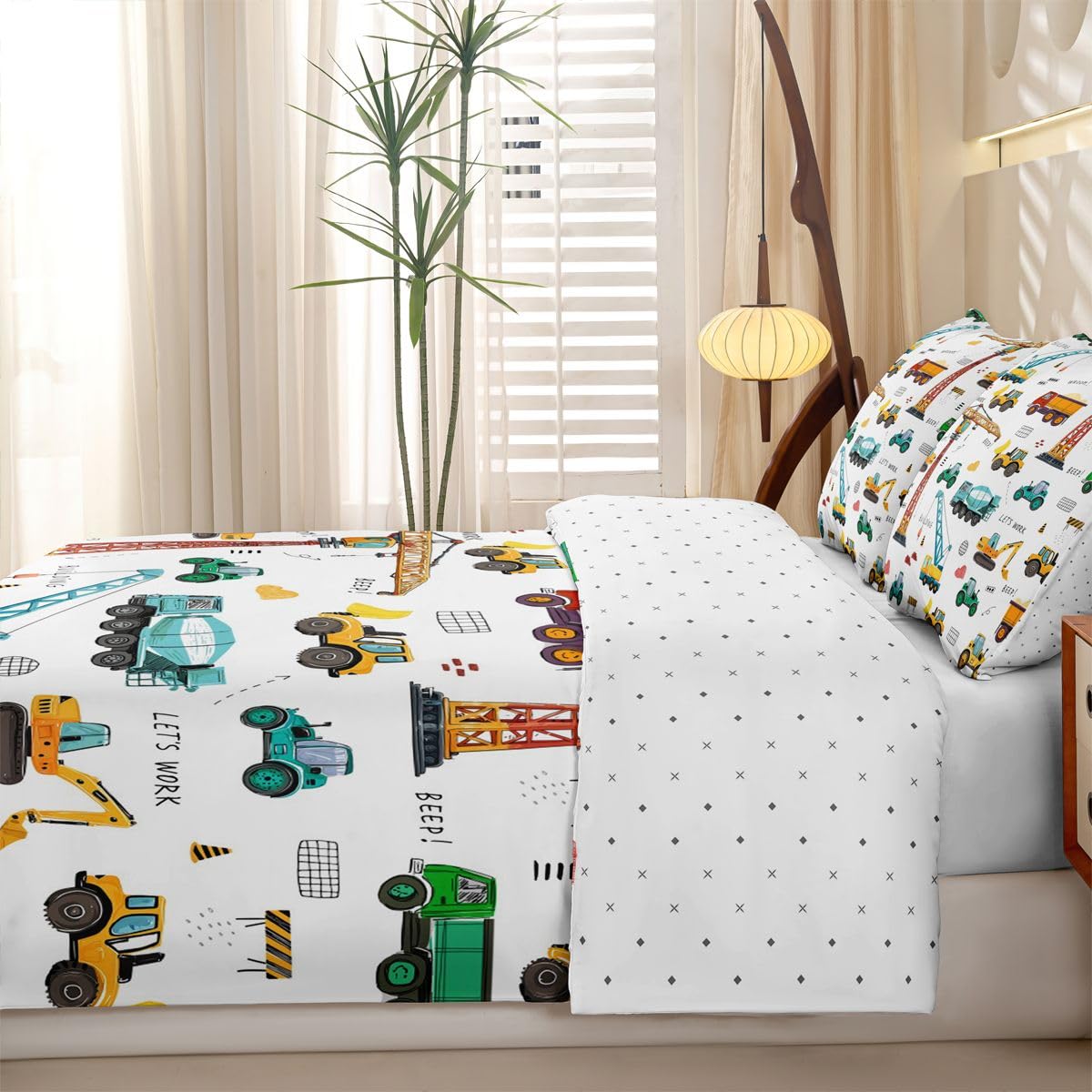 Homewish Cartoon Bagger Jungen Bettwäsche 135x200 4teilig Mikrofaser | Traktoren Maschinen LKWs 2 Kissenbezüge Baumaschinen Kinder 2 Bettbezüge Gelb Grün Baustellen Fahrzeugen Bedding Weich